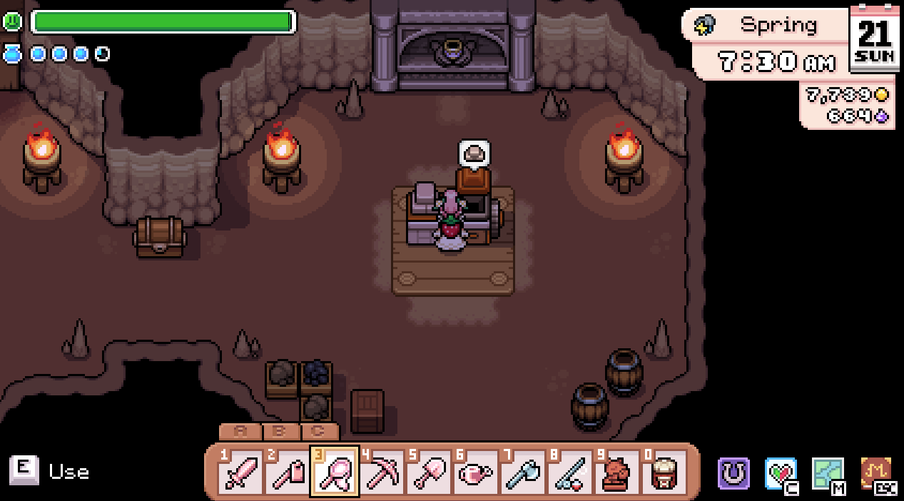 The player in front of the stone refinery machine in the mines in fields of mistria